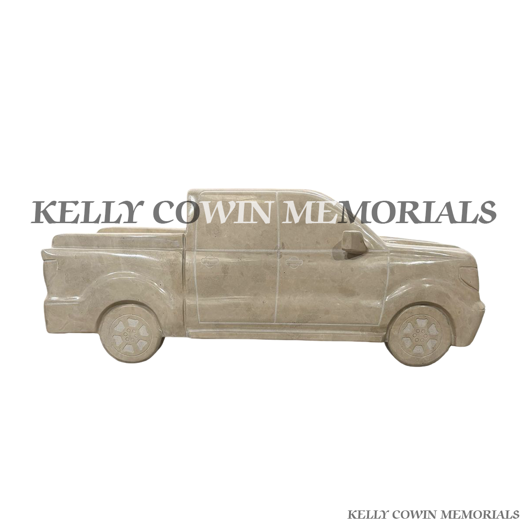 Side View Haley Beige granite Jeep memorial headstone with carved vehicle design and engraved granite base for a custom grave memorial