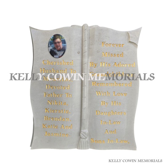 Haley Beige granite book memorial with photo and gold lettering for graves and headstones handcrafted in Dublin with nationwide delivery across Ireland