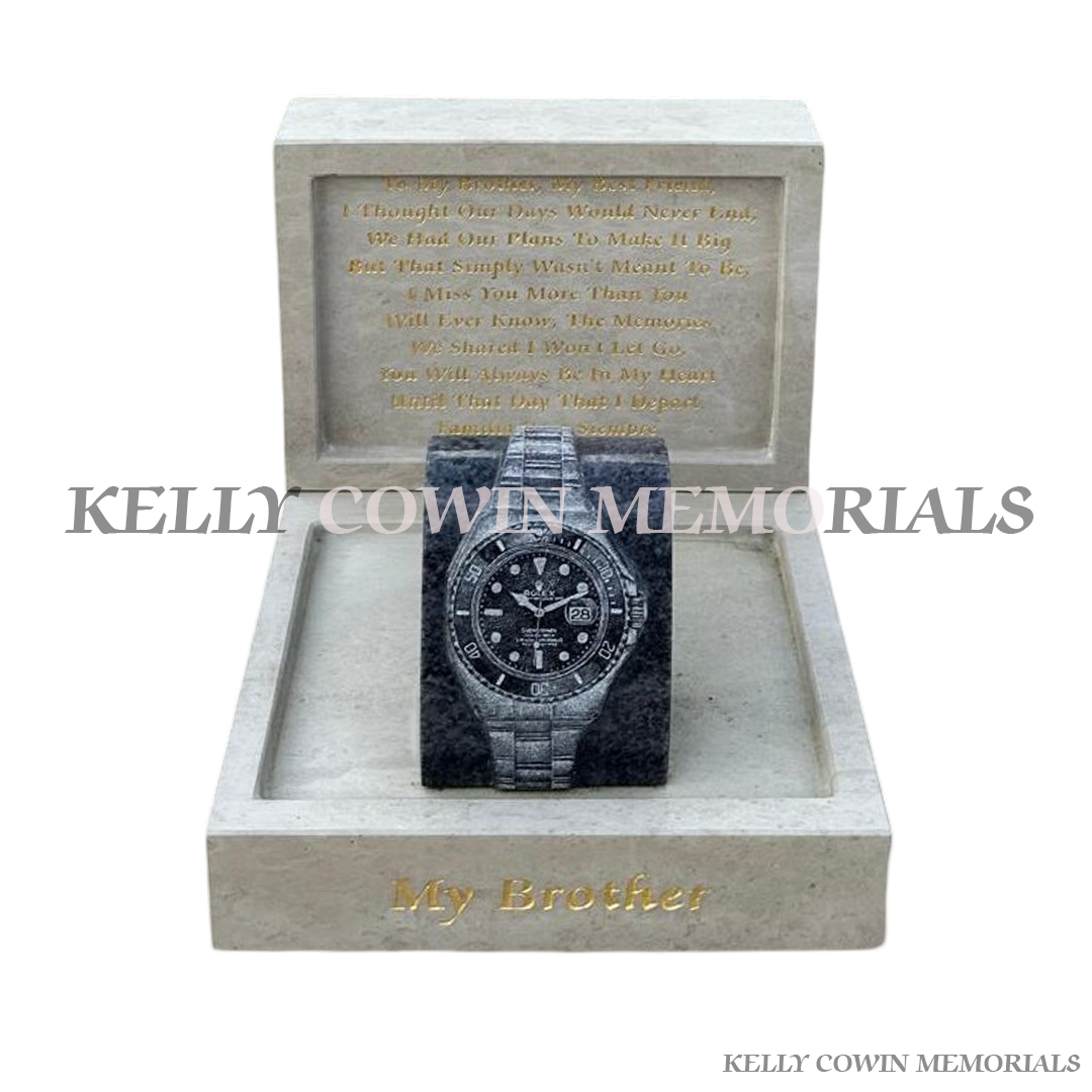 Haley Beige granite Rolex watch memorial ornament for graves and headstones handcrafted in Dublin with nationwide delivery across Ireland