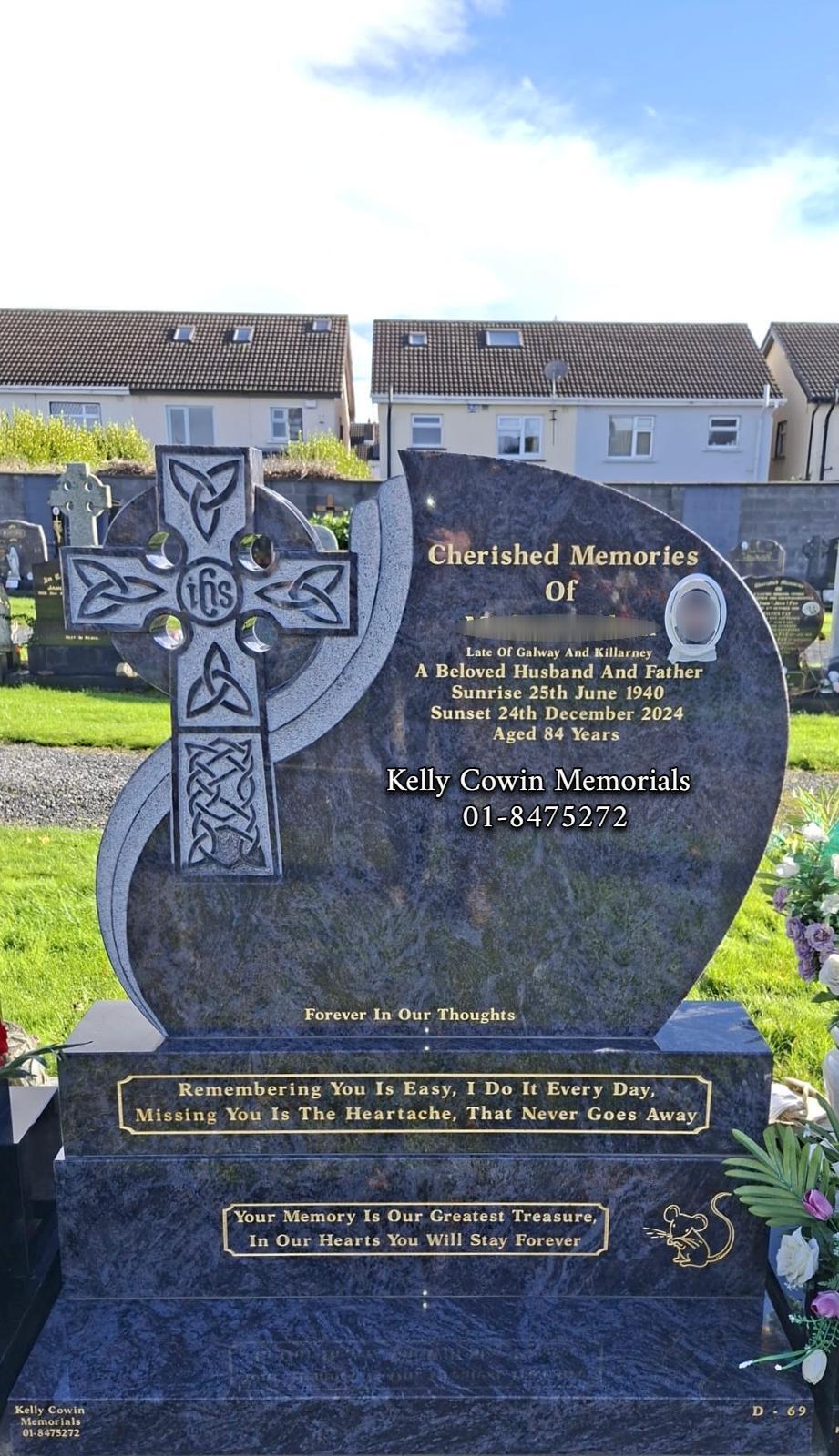 Blue Lagoon Headstone with Celtic Cross | Kelly Cowin Memorials Dublin