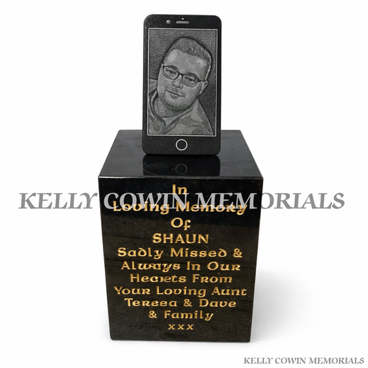 Black granite iPhone memorial with laser engraved photo on block grave accessory by Kelly Cowin Memorials Ireland