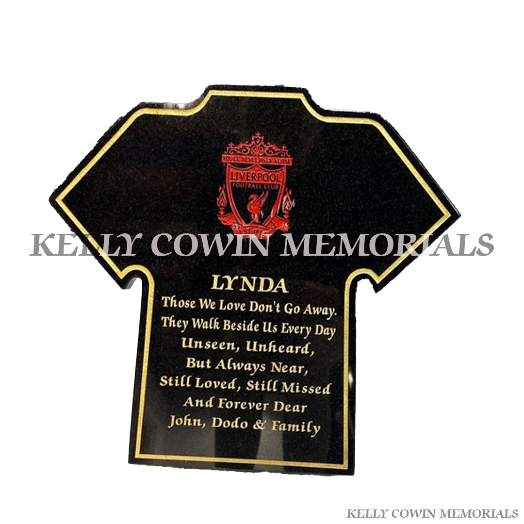 Black granite football jersey memorial plaque engraved in gold lettering by Kelly Cowin Memorials Ireland