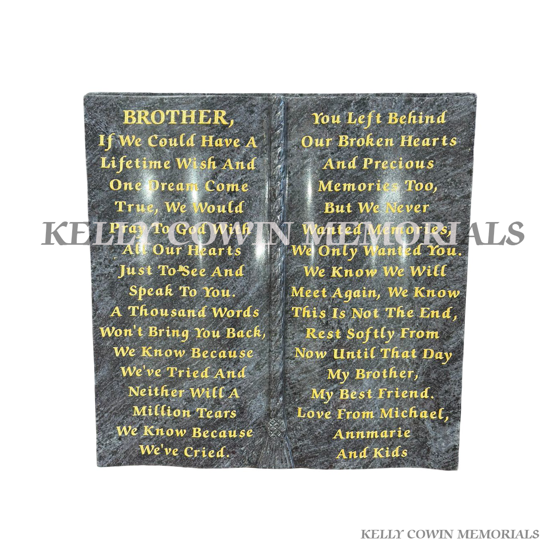 Blue Lagoon granite Bible grave accessory with engraved lettering for memorials in Dublin and nationwide Ireland