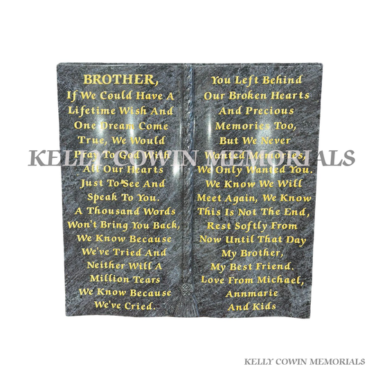 Blue Lagoon granite Bible grave accessory with engraved lettering for memorials in Dublin and nationwide Ireland
