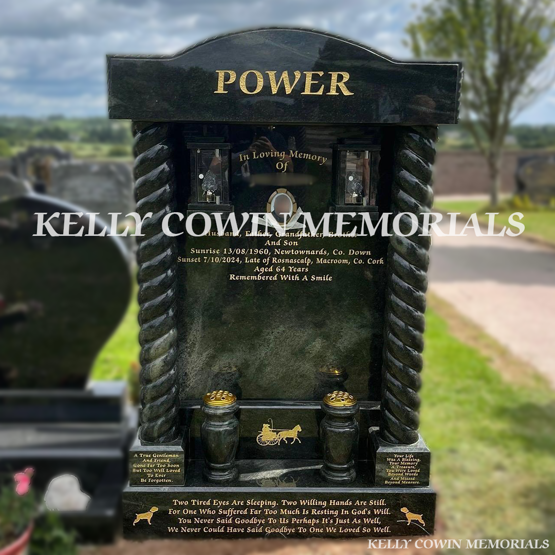Front view of Kerala Green custom headstone with gold leaf inscription in Kilcully Cemetery