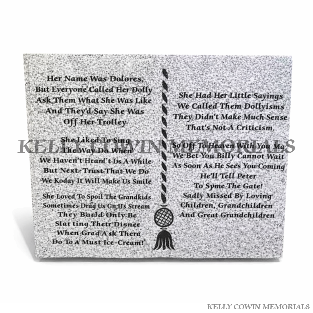 Grey granite large book grave accessory with engraved inscription handcrafted in Ireland, available locally and nationwide