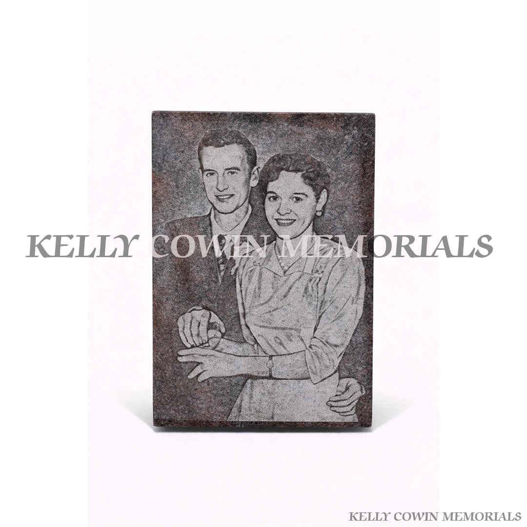 Black granite rectangle memorial plaque with full body laser etched image and personalised inscription, available locally and nationwide in Ireland