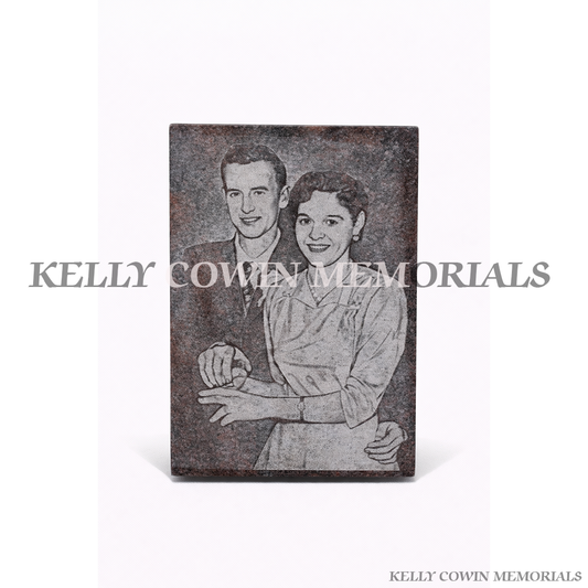 Black granite rectangle memorial plaque with full body laser etched image and personalised inscription, available locally and nationwide in Ireland