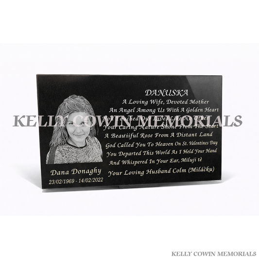 Black granite rectangle memorial plaque with laser etched portrait and personalised inscription, available locally and nationwide in Ireland