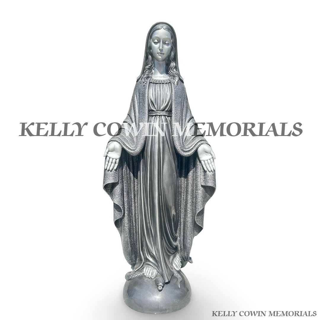 Front view of large silver Our Lady memorial statue