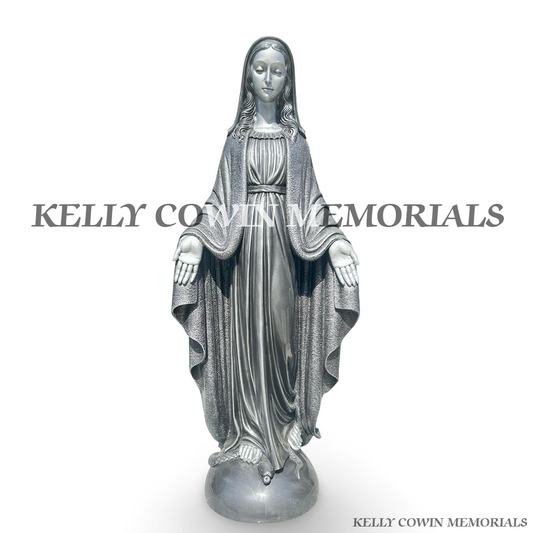 Front view of large silver Our Lady memorial statue