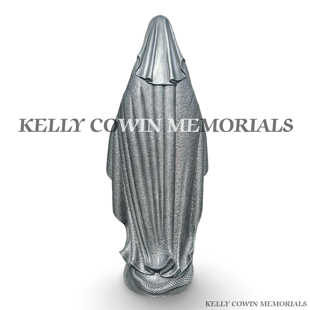 Back view of silver Our Lady religious memorial statue