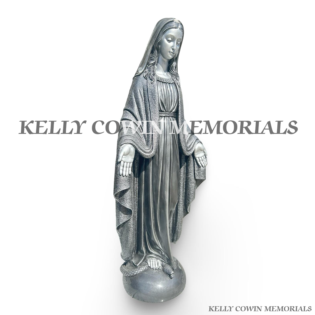 Side view of silver Our Lady religious memorial statue