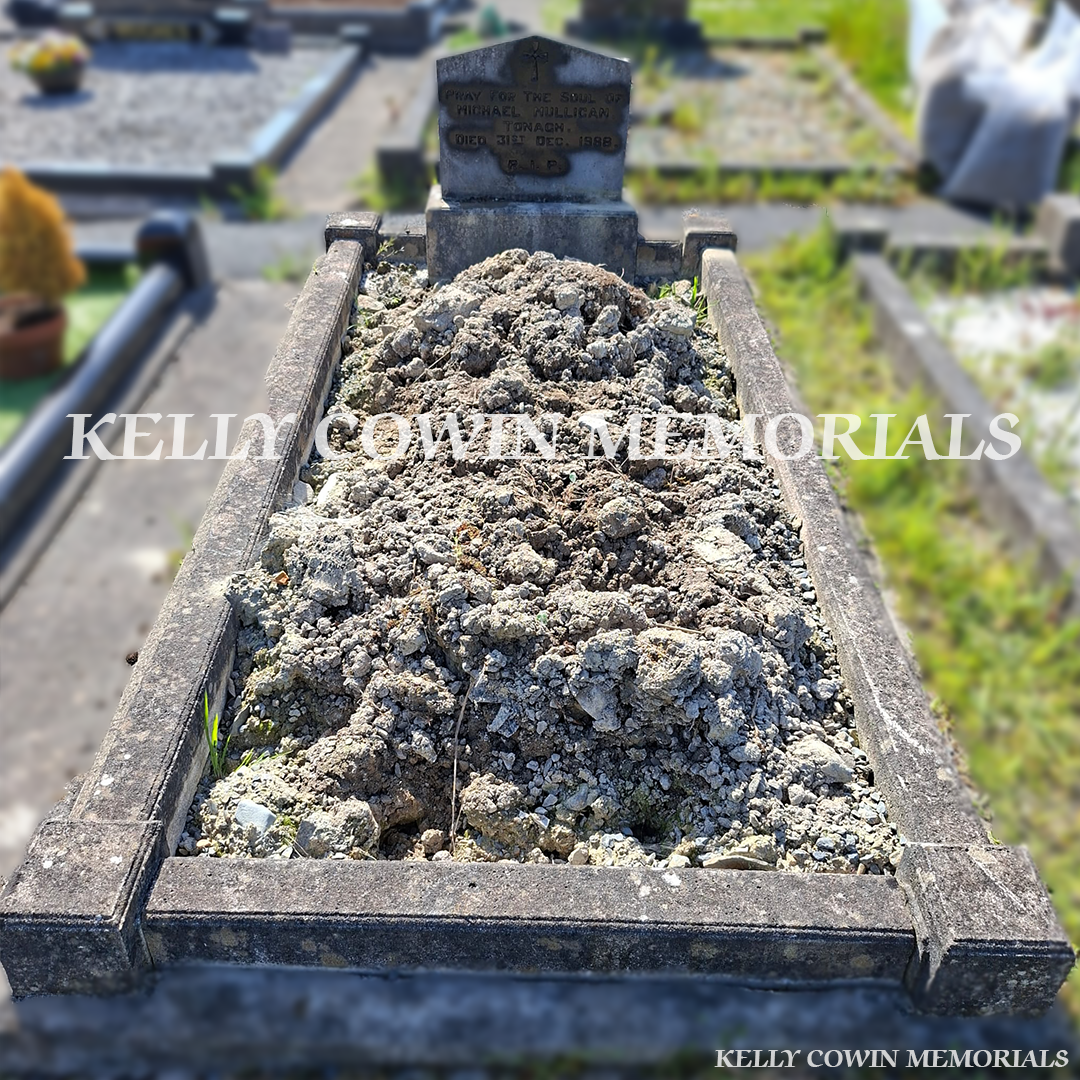 Before renovation of limestone Apex memorial in Monaghan Cemetery