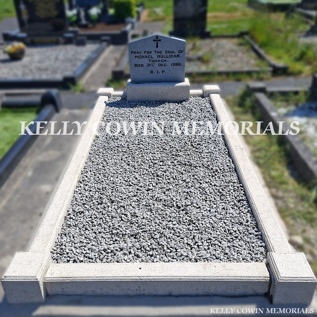 After renovation of restored limestone headstone and kerbing in Monaghan Cemetery