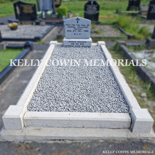 After renovation of restored limestone headstone and kerbing in Monaghan Cemetery