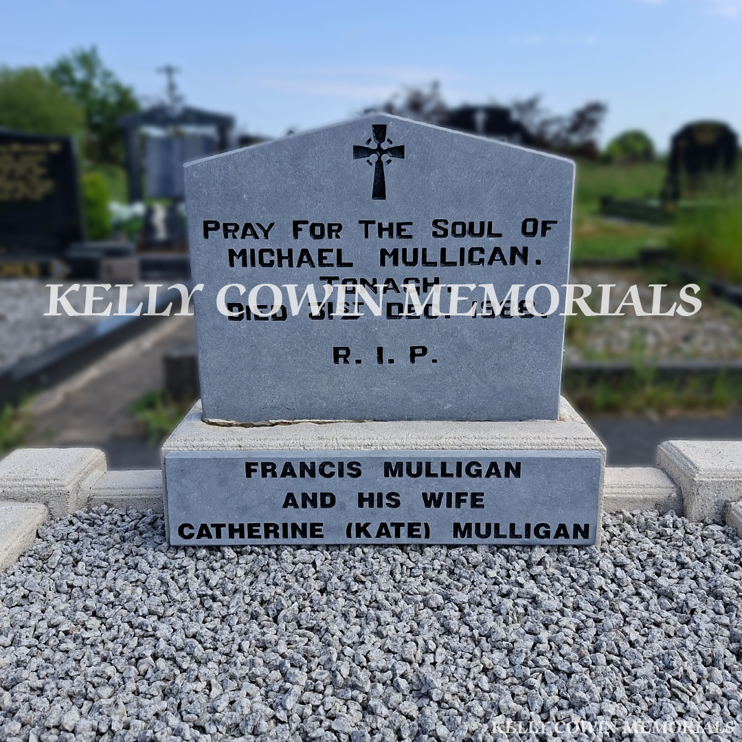 After renovation of restored limestone headstone and kerbing in Monaghan Cemetery