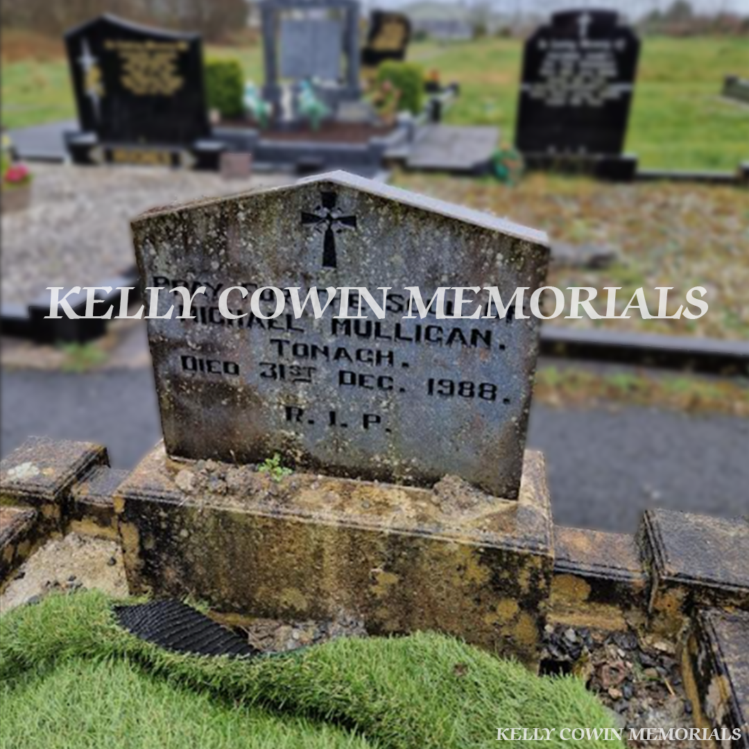 Before renovation of limestone Apex memorial in Monaghan Cemetery