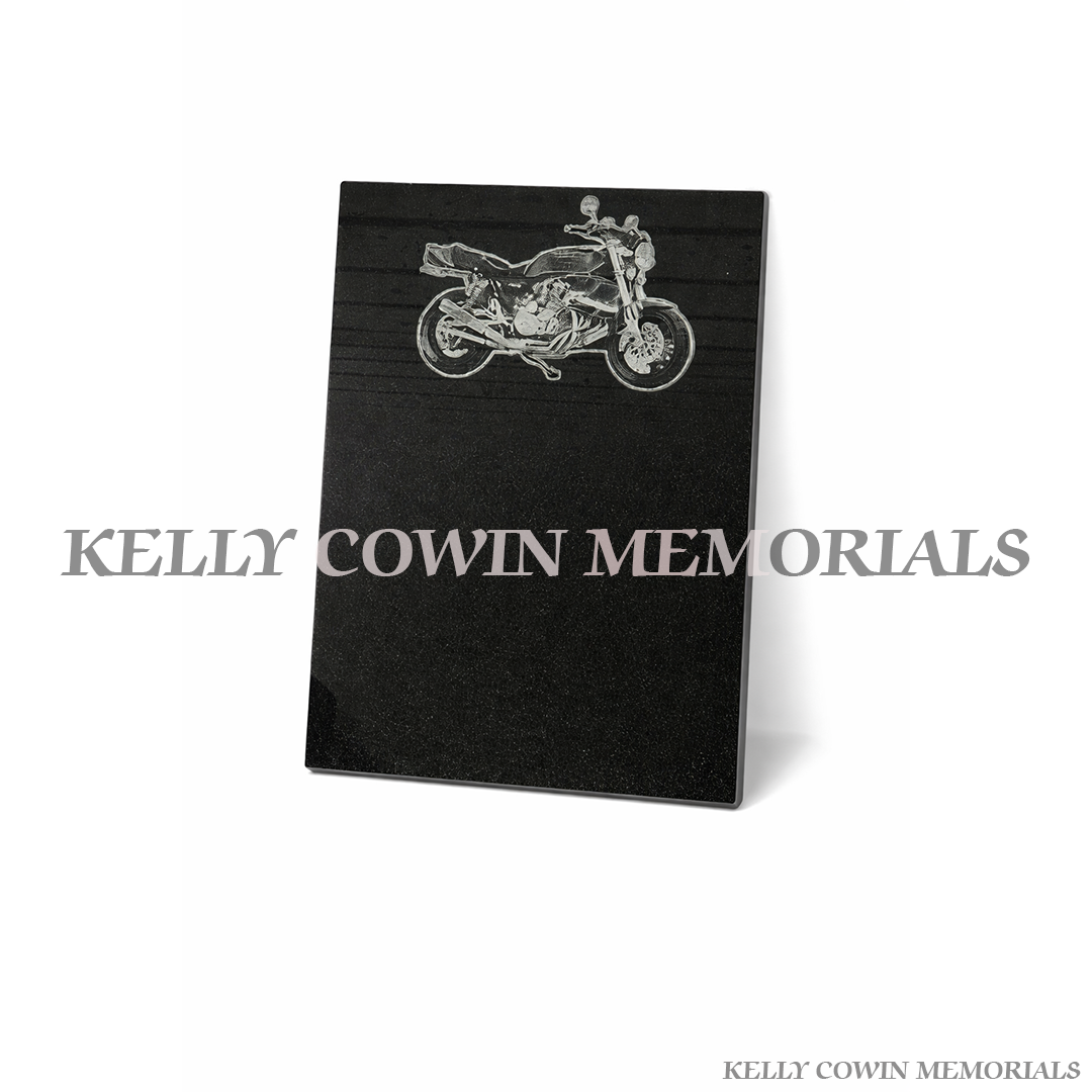 Black granite motorbike memorial plaque grave accessory with engraved motorbike design Ireland