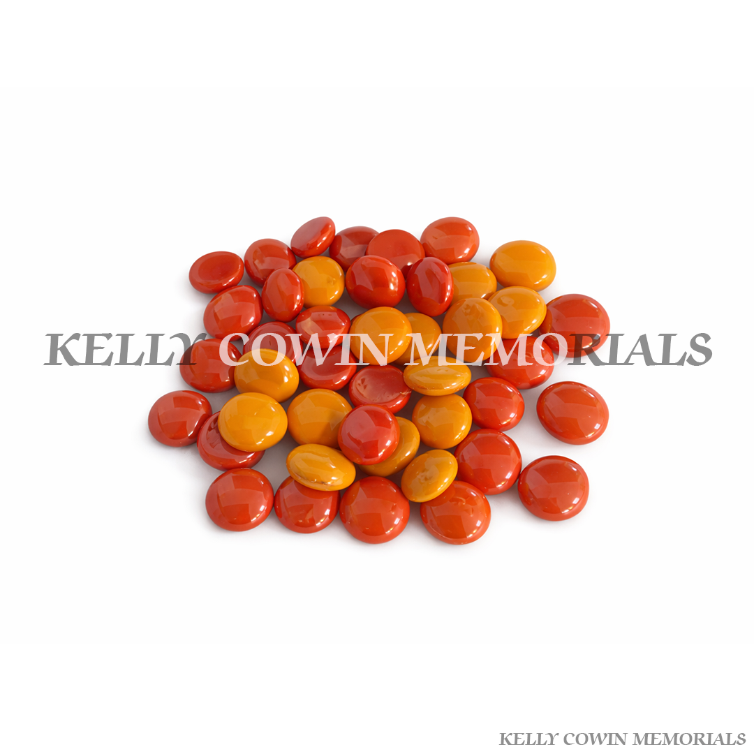 Red and orange porcelain beads for grave memorial supplied in Dublin by Kelly Cowin Memorials with nationwide delivery across Ireland.