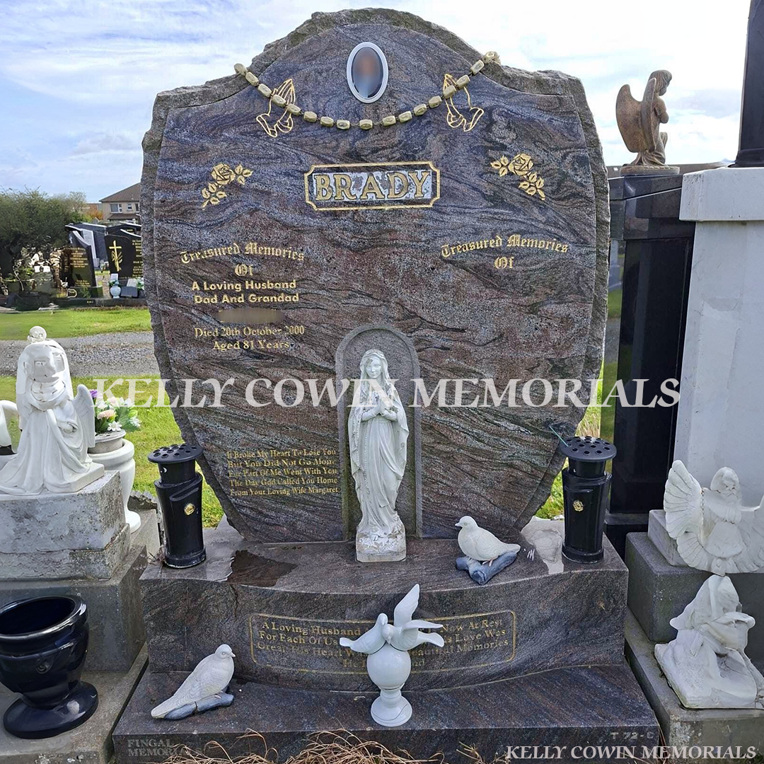 Before and after grotto headstone restoration in Palmerstown Cemetery Dublin showing cleaned, restored and re-gilded memorial by Kelly Cowin Memorials