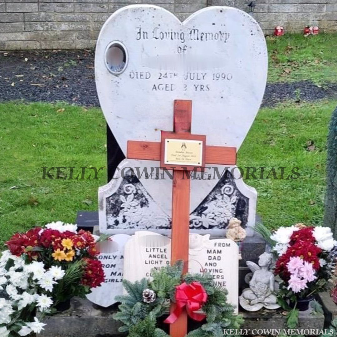 before and after heart shaped headstone renovation with cleaned and repainted memorial in Dublin cemetery