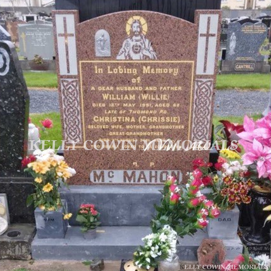 Before and after headstone renovation showing restored memorial and cleaned grave in Ireland