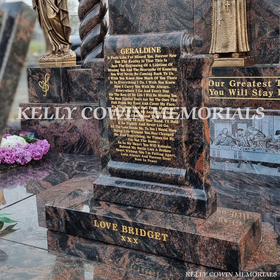 Pandora granite Gates of Heaven Traveller headstone with statues, laser images and heart plaques in Kilkenny Cemetery, County Kilkenny