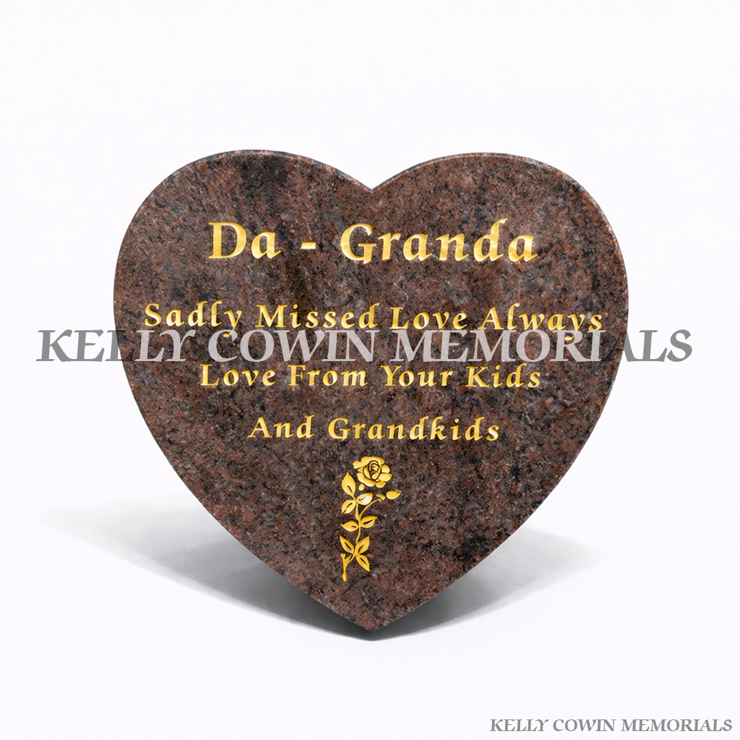 Pandora granite 12 inch heart shaped memorial plaque grave accessory with personalised engraving, available locally and nationwide in Ireland