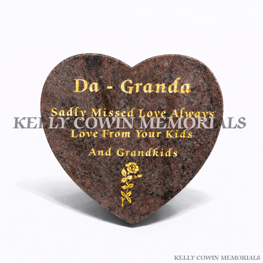 Pandora granite 12 inch heart shaped memorial plaque grave accessory with personalised engraving, available locally and nationwide in Ireland