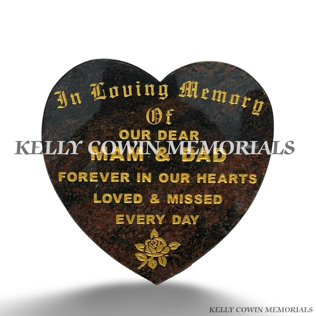 12 inch Pandora granite heart memorial plaque with personalised gold engraved wording and rose design by Kelly Cowin Memorials Ireland