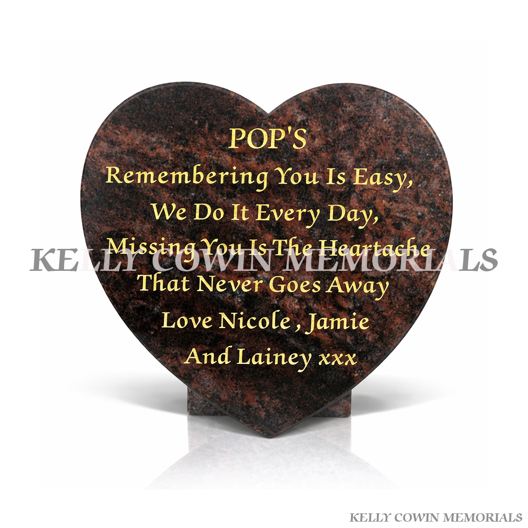 Pandora granite 12 inch heart shaped memorial plaque with personalised engraving by Kelly Cowin Memorials Ireland