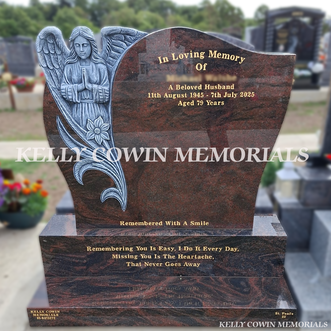 Pandora granite custom headstone with hand-carved antique angel, gold leaf inscription, base and plinth in Balgriffin Cemetery, Dublin
