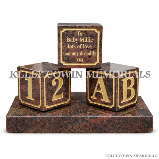 Pandora granite baby blocks grave accessory with personalised engraved letters and wording for infant memorial in Ireland