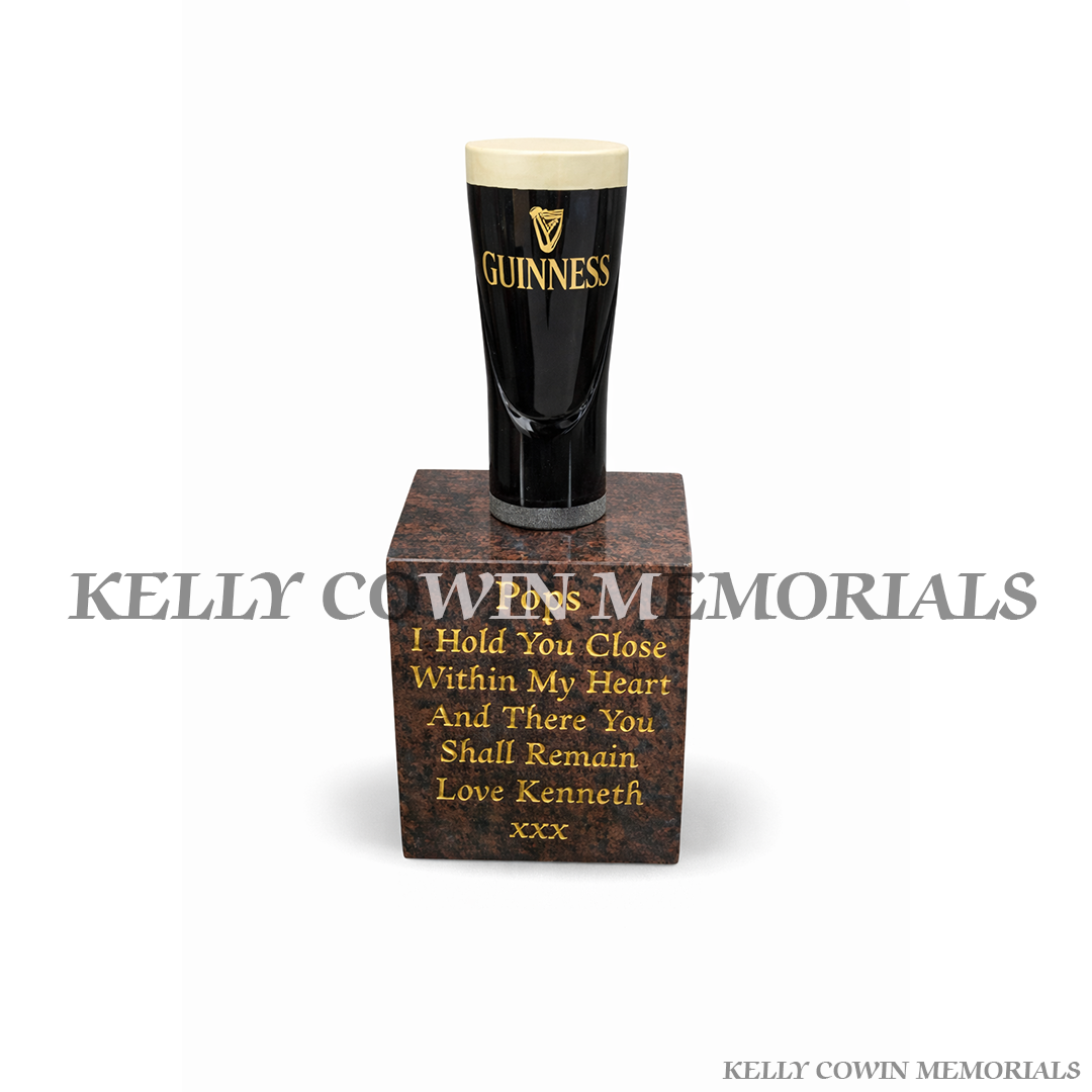 Guinness granite pint memorial ornament on Pandora block grave accessory supplied in Ireland by Kelly Cowin Memorials