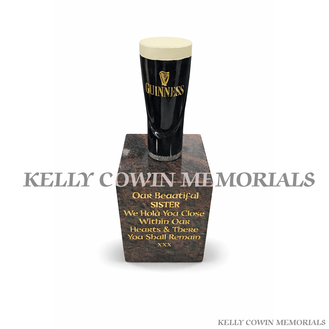 Guinness granite pint memorial ornament on Pandora block grave accessory supplied in Ireland by Kelly Cowin Memorials