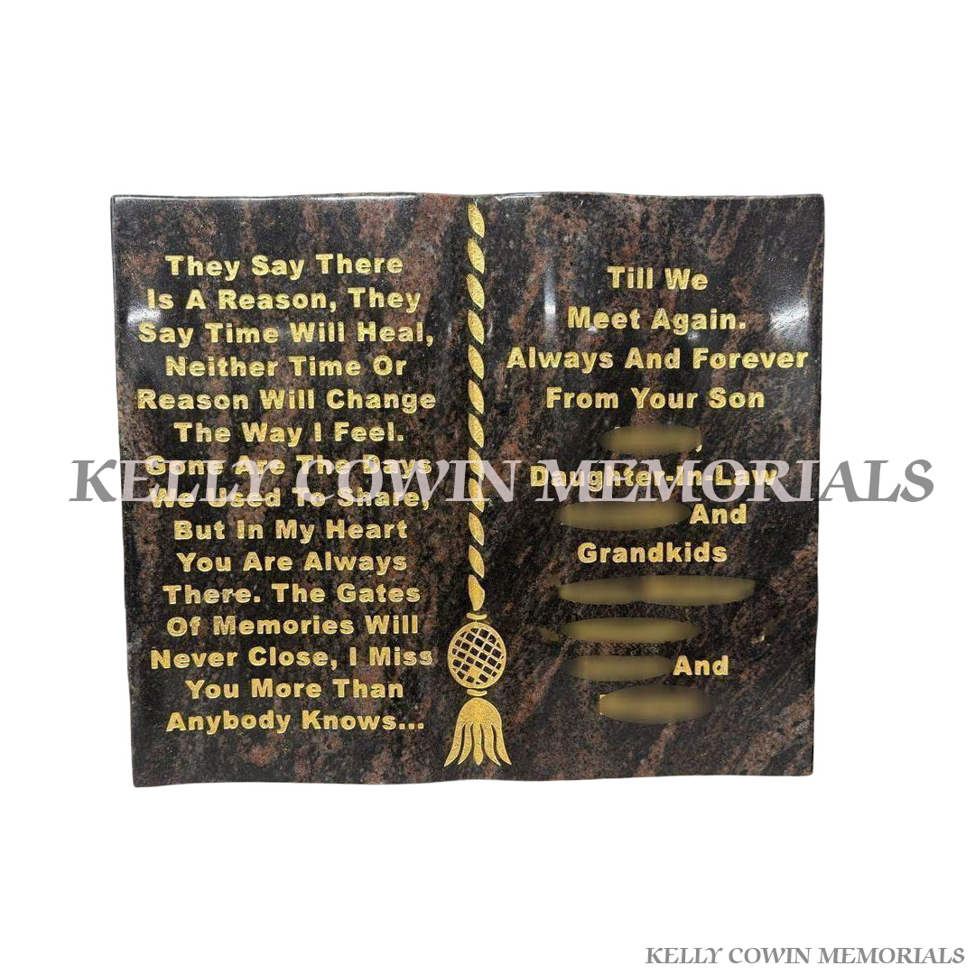 Pandora granite book memorial ornament for graves and headstones handcrafted in Dublin with nationwide delivery across Ireland