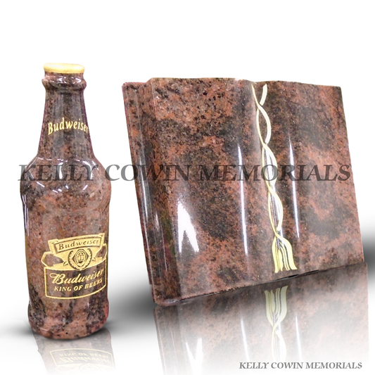 Pandora granite memorial book plaque with gold design and matching granite bottle ornament side view.