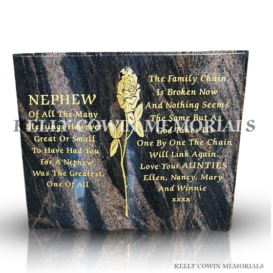Pandora granite memorial book plaque with gold rose engraving and inscription.
