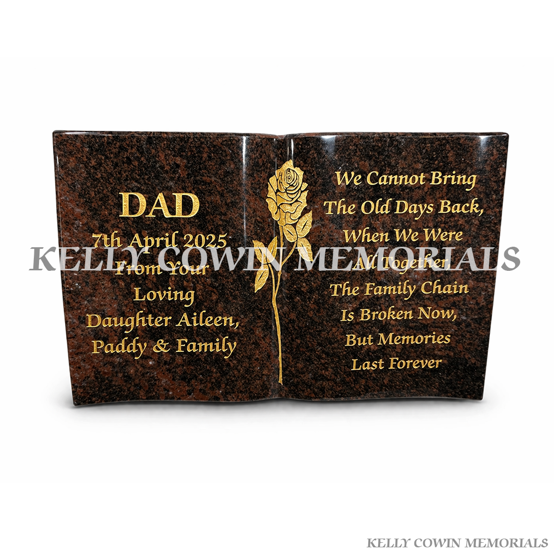 Pandora granite book memorial with gold engraved lettering personalised plaque Ireland