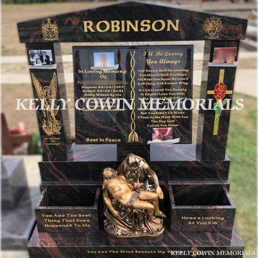 Front view of Pandora Granite book headstone with pillars and cap erected in Dublin by Kelly Cowin Memorials