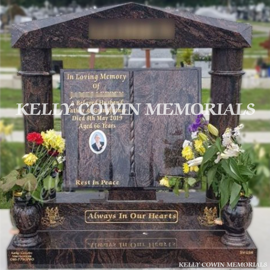 Pandora Book Job headstone with cap and pillars front view in Balgriffin Cemetery Dublin