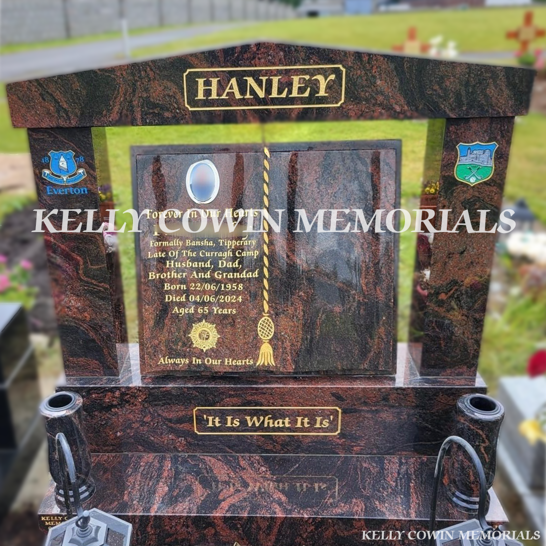 Front view of Pandora granite book headstone with gold inscription in Newbridge Cemetery