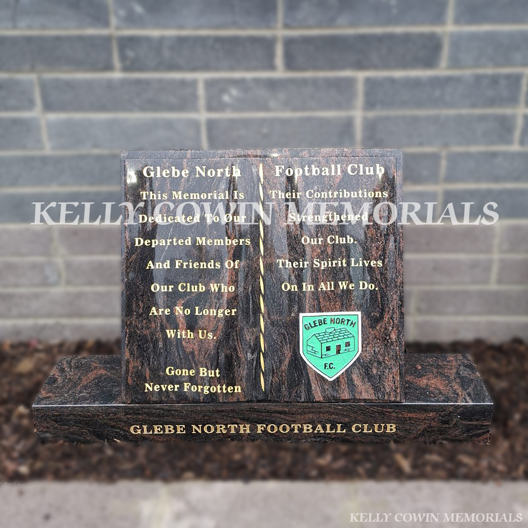 Pandora granite Bible memorial on plinth with gold engraving for graves and headstones handcrafted in Dublin with nationwide delivery across Ireland