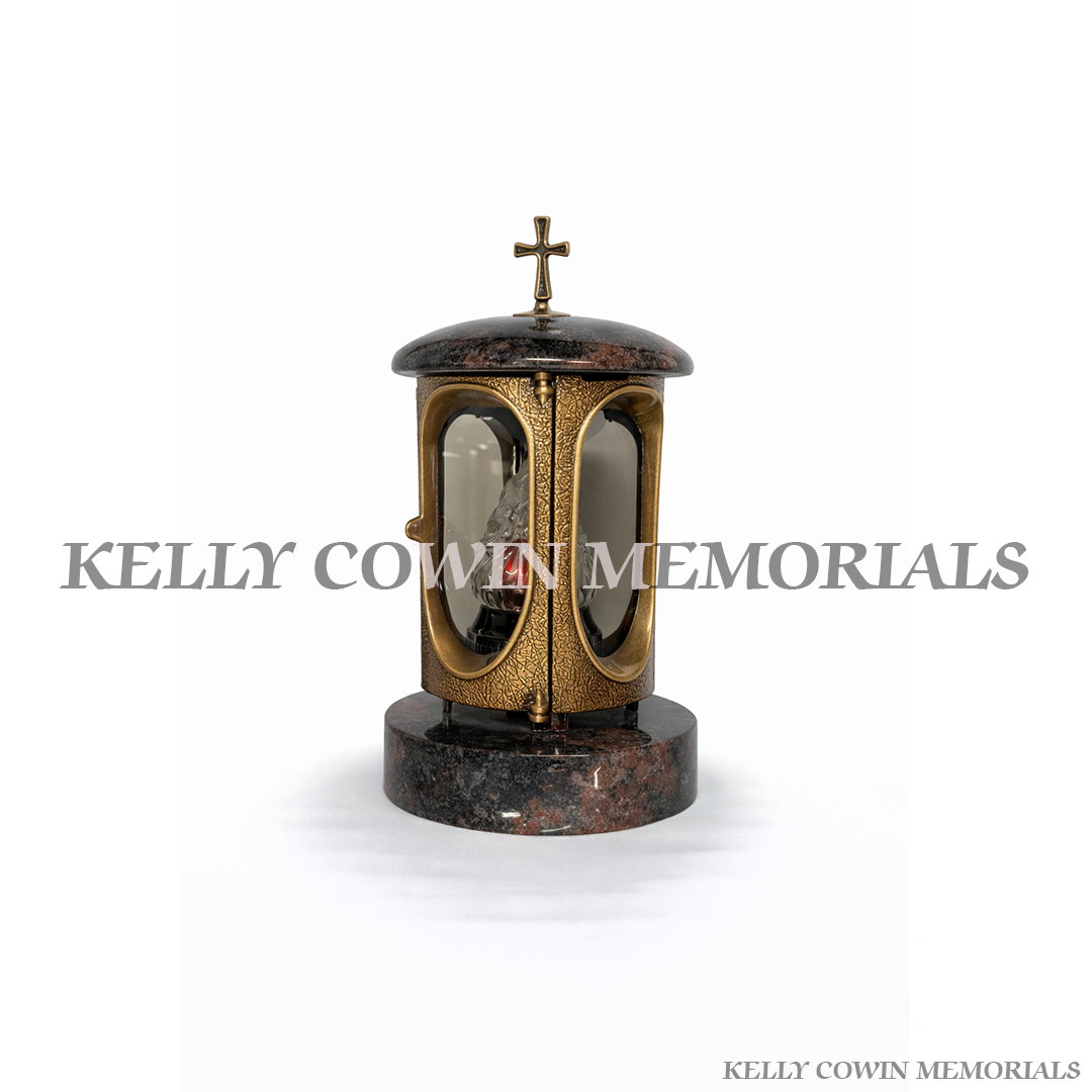 Pandora granite memorial lantern with bronze frame and cross grave tribute light Ireland