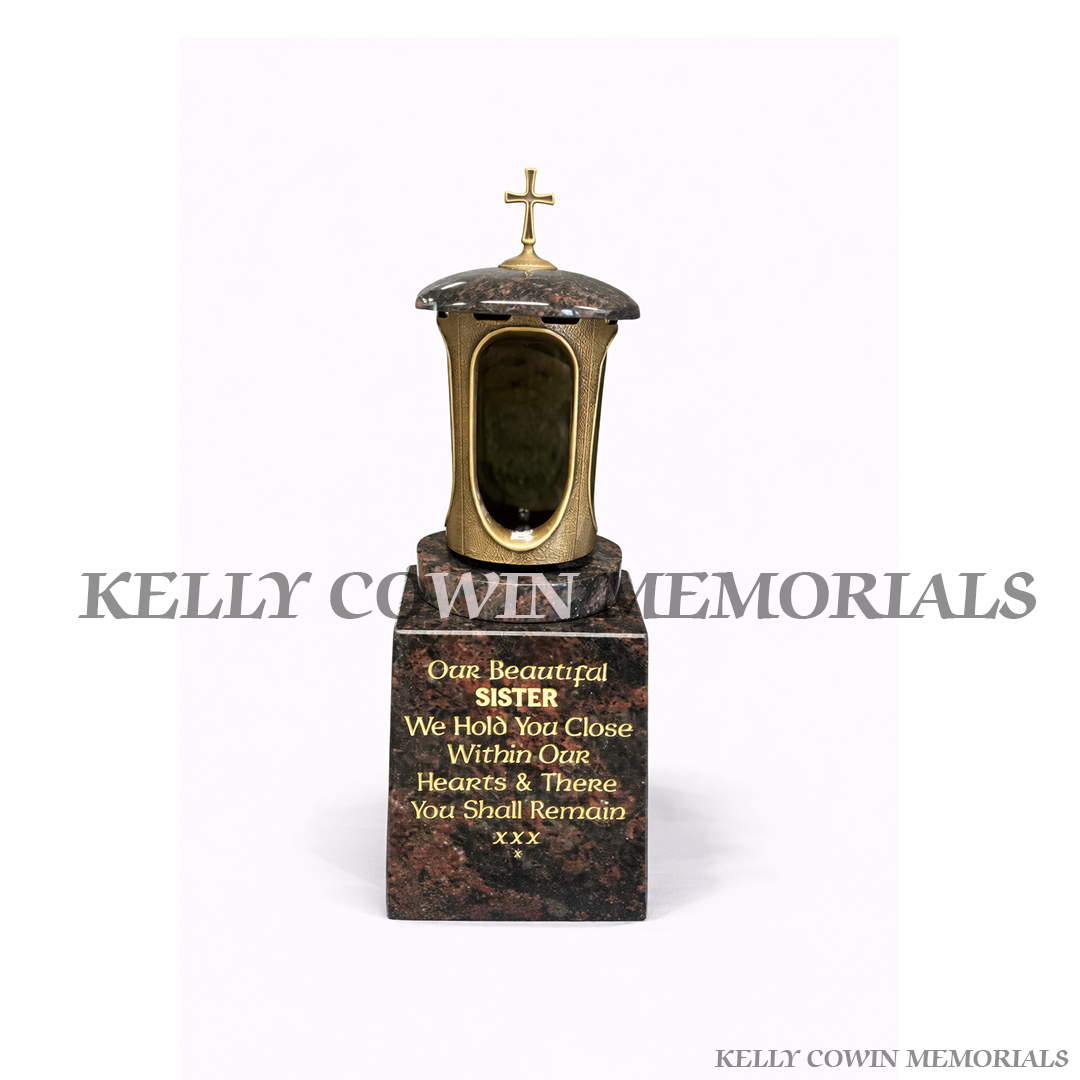 Pandora granite and bronze memorial lantern on engraved granite block base grave accessory Dublin Ireland