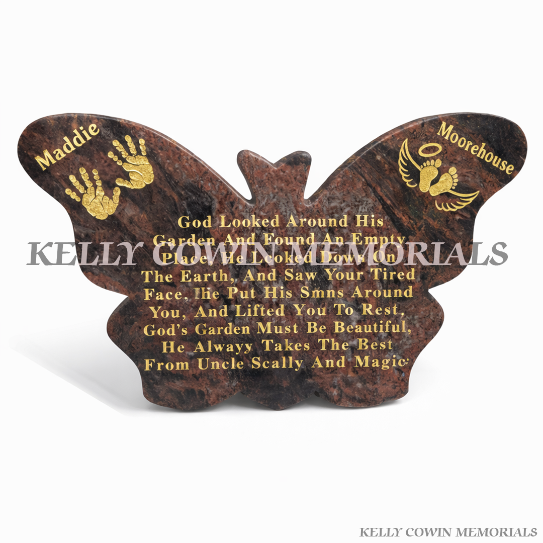 Pandora granite butterfly grave accessory memorial plaque with personalised engraving, available locally and nationwide in Ireland