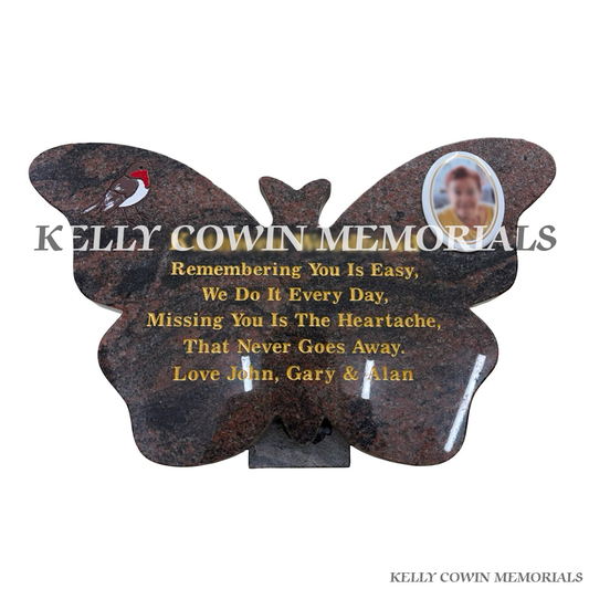 Pandora butterfly granite memorial plaque with gold lettering and photo insert by Kelly Cowin Memorials Ireland – personalised memorial plaque local and nationwide service