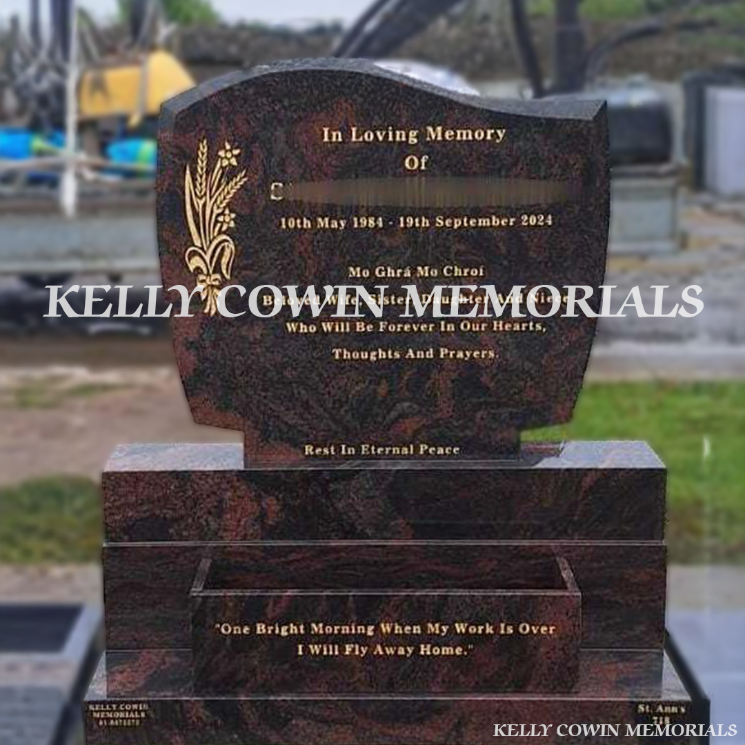 Front view of Pandora C1 headstone with gold inscription and flower box in Balgriffin Cemetery Dublin