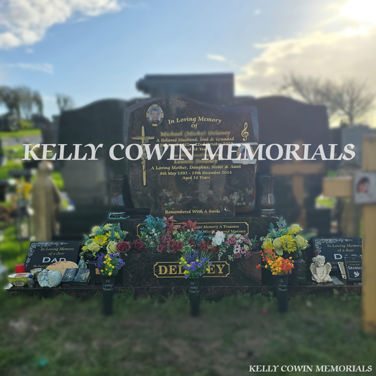 Front view of Pandora granite C1 headstone with gold inscription in Illaunmanagh Cemetery Co Clare